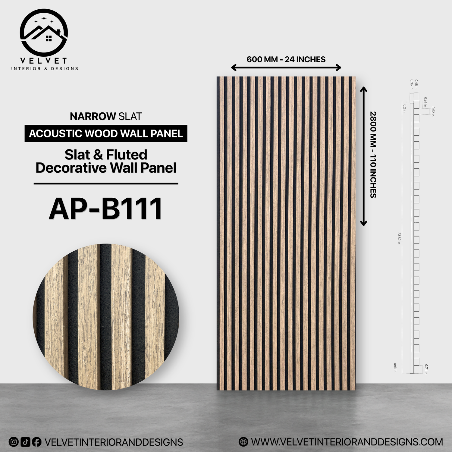 AP-B111 | Acoustic Wood Wall Panel | Slat & Fluted Decorative Wall Panel | 0.85 in x 24 in x 110 in | Sound-Absorbing | Ideal for Living Rooms, Bedrooms, TV Walls & Feature Walls