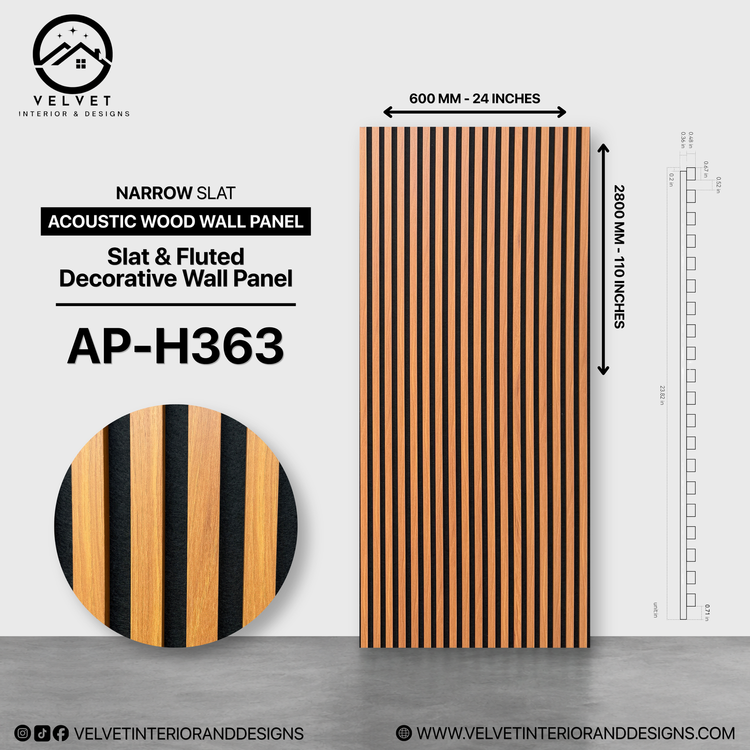 AP-H363 | Acoustic Wood Wall Panel | Slat & Fluted Decorative Wall Panel | 0.85 in x 24 in x 110 in | Sound-Absorbing | Ideal for Living Rooms, Bedrooms, TV Walls & Feature Walls