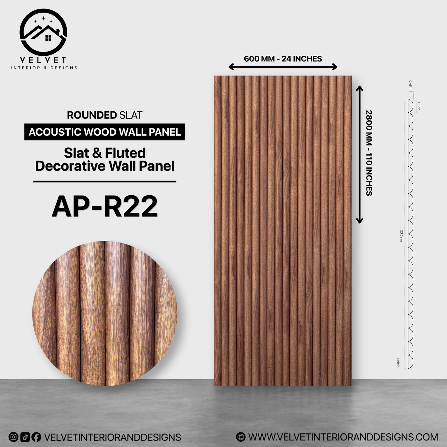 AP-R22 | Acoustic Wood Wall Panel | Slat & Fluted Decorative Wall Panel | 0.85 in x 24 in x 118 in | Sound-Absorbing | Ideal for Living Rooms, Bedrooms, TV Walls & Feature Walls