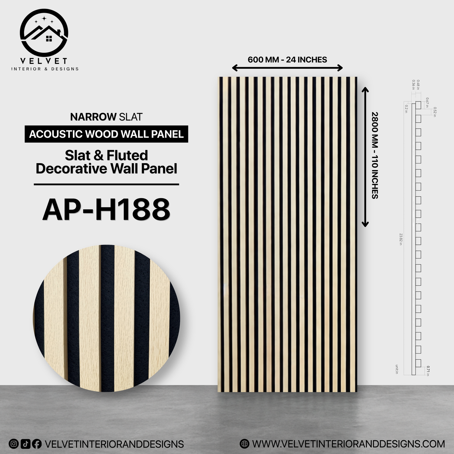 AP-H188 | Acoustic Wood Wall Panel | Slat & Fluted Decorative Wall Panel | 0.85 in x 24 in x 110 in | Sound-Absorbing | Ideal for Living Rooms, Bedrooms, TV Walls & Feature Walls