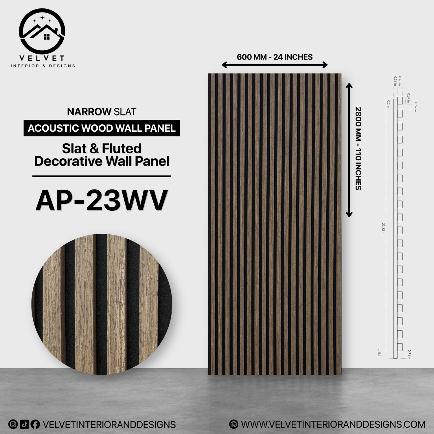 AP-23WV | Acoustic Wood Wall Panel | Slat & Fluted Decorative Wall Panel | 0.85 in x 24 in x 110 in | Sound-Absorbing | Ideal for Living Rooms, Bedrooms, TV Walls & Feature Walls