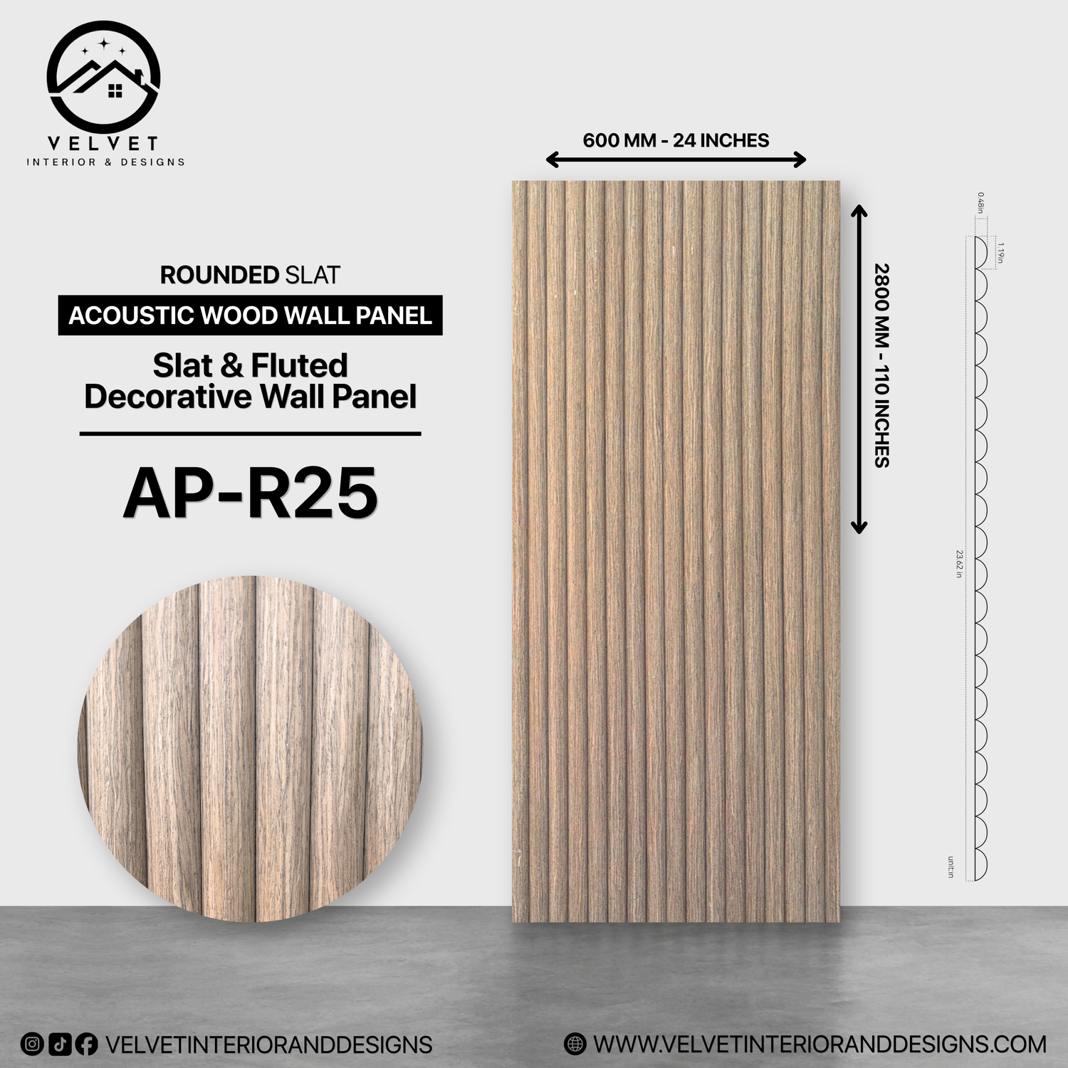AP-R25 | Acoustic Wood Wall Panel | Slat & Fluted Decorative Wall Panel | 0.85 in x 24 in x 118 in | Sound-Absorbing | Ideal for Living Rooms, Bedrooms, TV Walls & Feature Walls