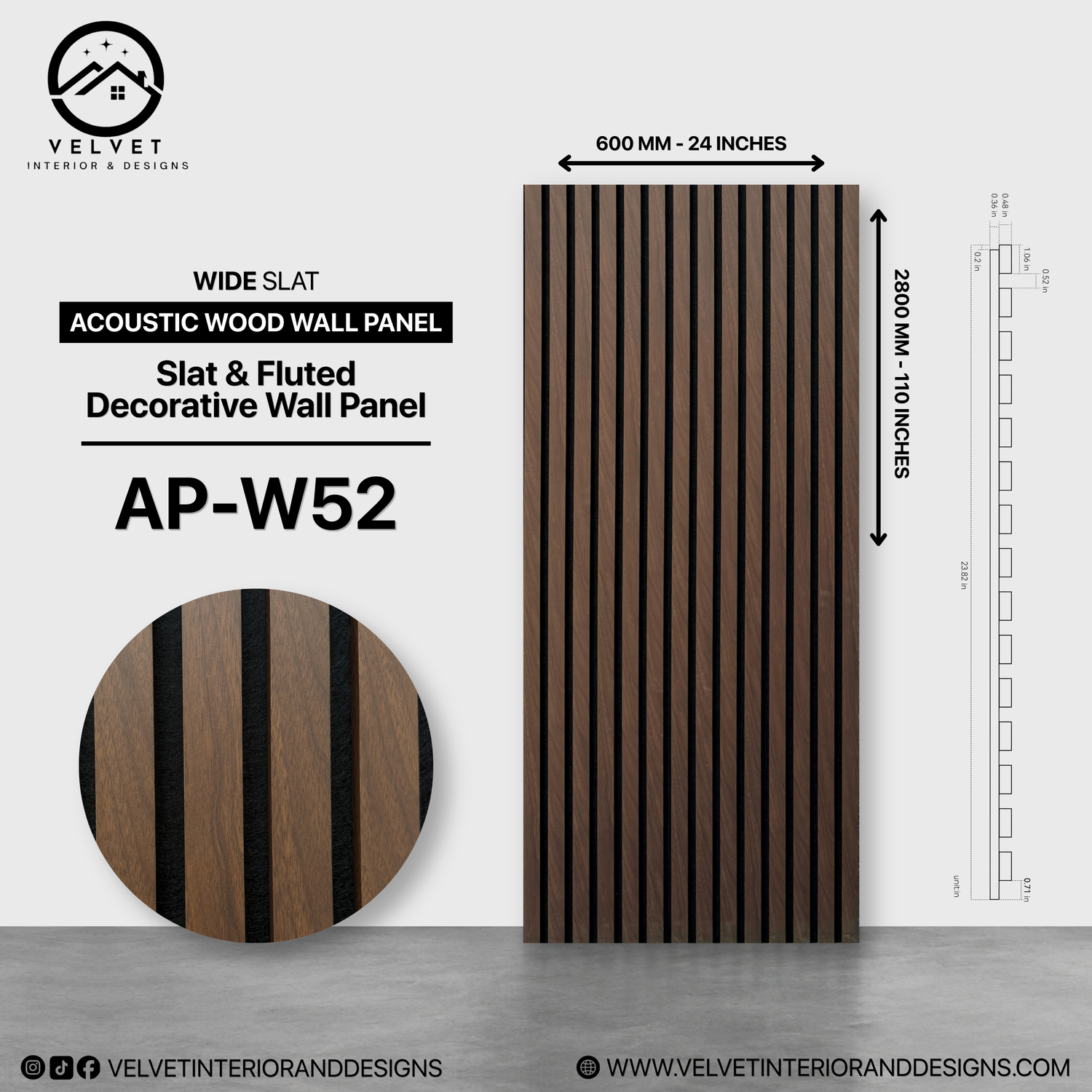AP-W52 | Acoustic Wood Wall Panel | Slat & Fluted Decorative Wall Panel | 0.85 in x 24 in x 110 in | Sound-Absorbing | Ideal for Living Rooms, Bedrooms, TV Walls & Feature Walls