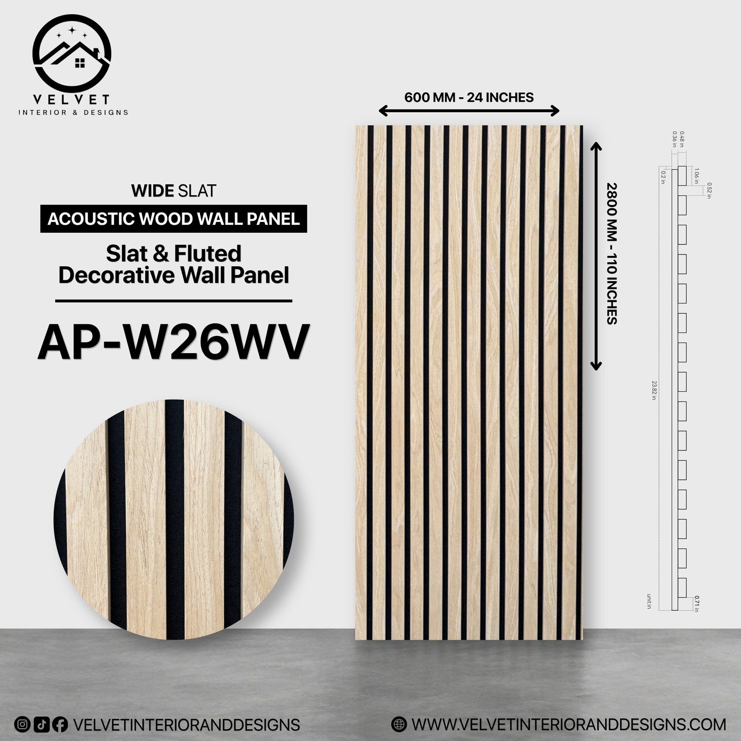 AP-W26WV | Acoustic Wood Wall Panel | Slat & Fluted Decorative Wall Panel | 0.85 in x 24 in x 110 in | Sound-Absorbing | Ideal for Living Rooms, Bedrooms, TV Walls & Feature Walls
