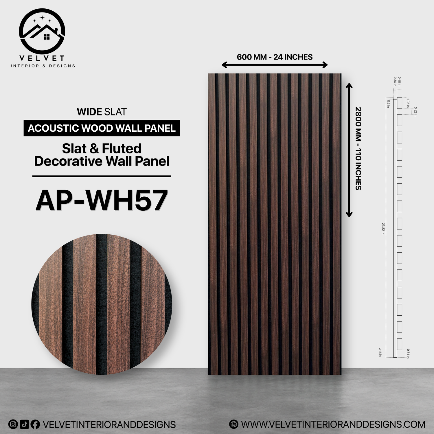 AP-WH57 | Acoustic Wood Wall Panel | Slat & Fluted Decorative Wall Panel | 0.85 in x 24 in x 110 in | Sound-Absorbing | Ideal for Living Rooms, Bedrooms, TV Walls & Feature Walls