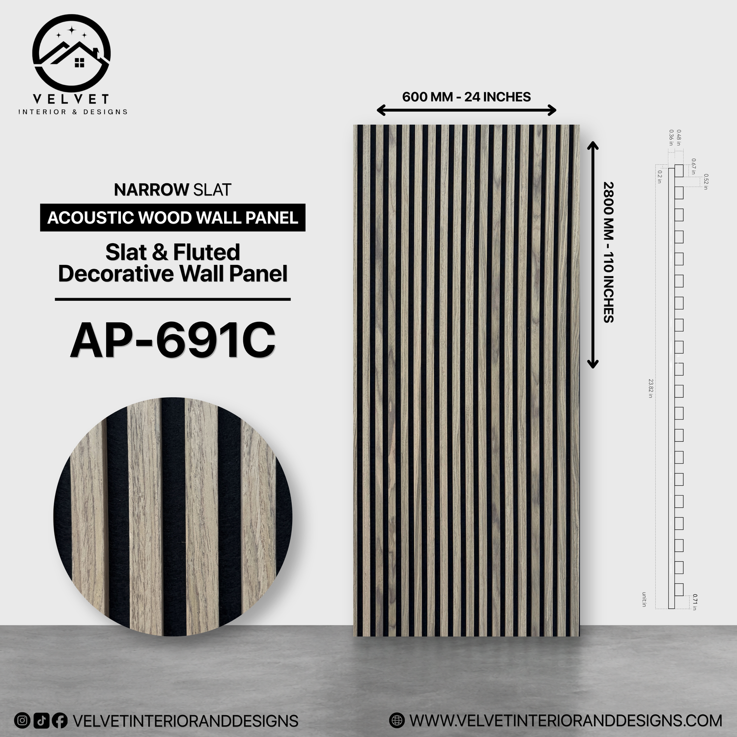 AP-691C | Acoustic Wood Wall Panel | Slat & Fluted Decorative Wall Panel | 0.85 in x 24 in x 110 in | Sound-Absorbing | Ideal for Living Rooms, Bedrooms, TV Walls & Feature Walls