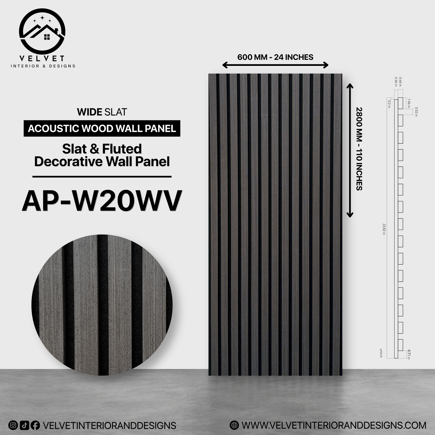 AP-W20WV | Acoustic Wood Wall Panel | Slat & Fluted Decorative Wall Panel | 0.85 in x 24 in x 110 in | Sound-Absorbing | Ideal for Living Rooms, Bedrooms, TV Walls & Feature Walls