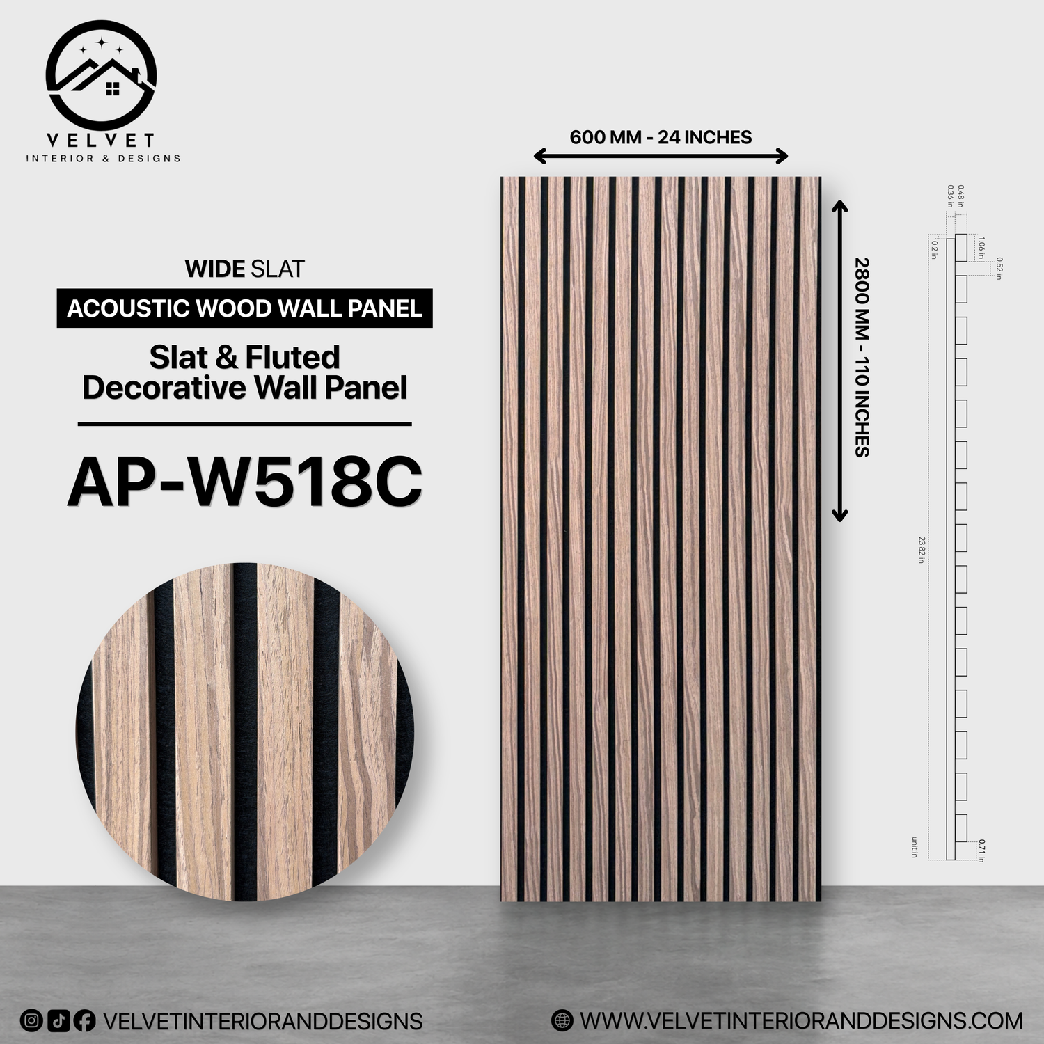 AP-W518C | Acoustic Wood Wall Panel | Slat & Fluted Decorative Wall Panel | 0.85 in x 24 in x 110 in | Sound-Absorbing | Ideal for Living Rooms, Bedrooms, TV Walls & Feature Walls