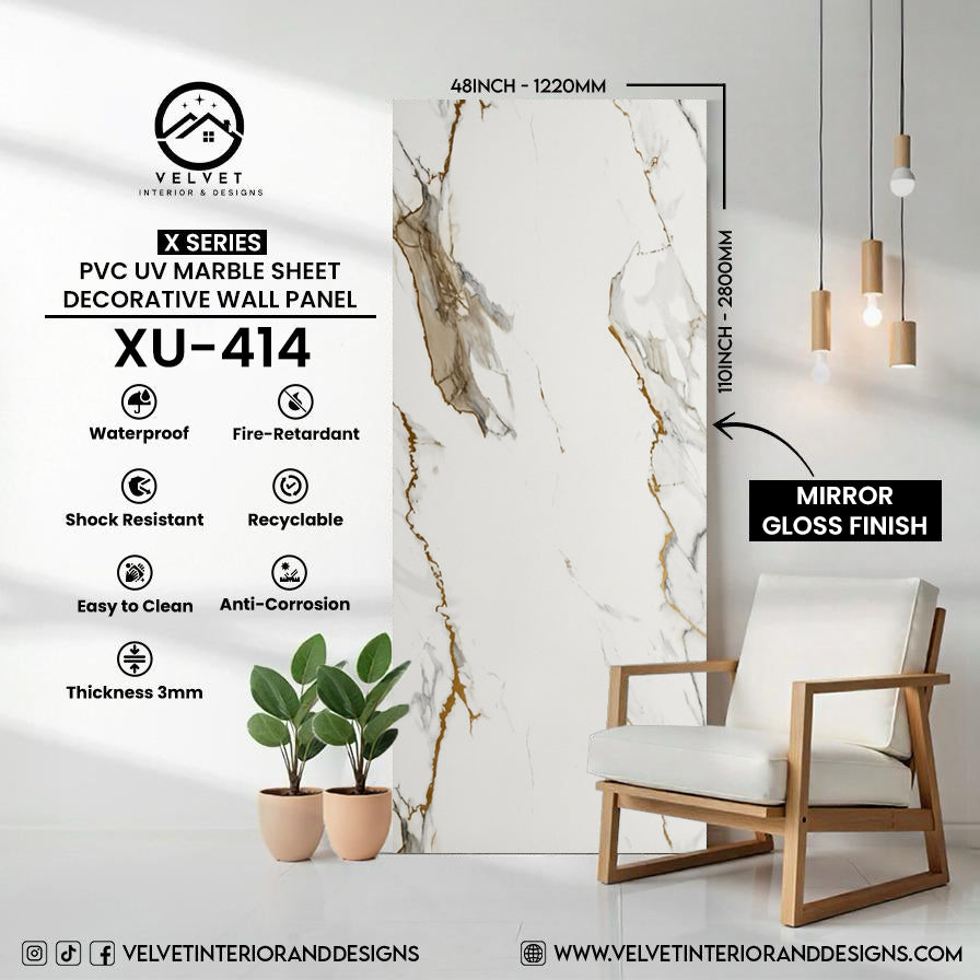 XU-414 | X Series | PVC UV Marble Sheet | Decorative Wall Panel | 1/8 in x 48 in x 110 in | Mirror Gloss Finish | Waterproof & Fire-Retardant | Ideal for Living Rooms, Bathrooms & Feature Walls