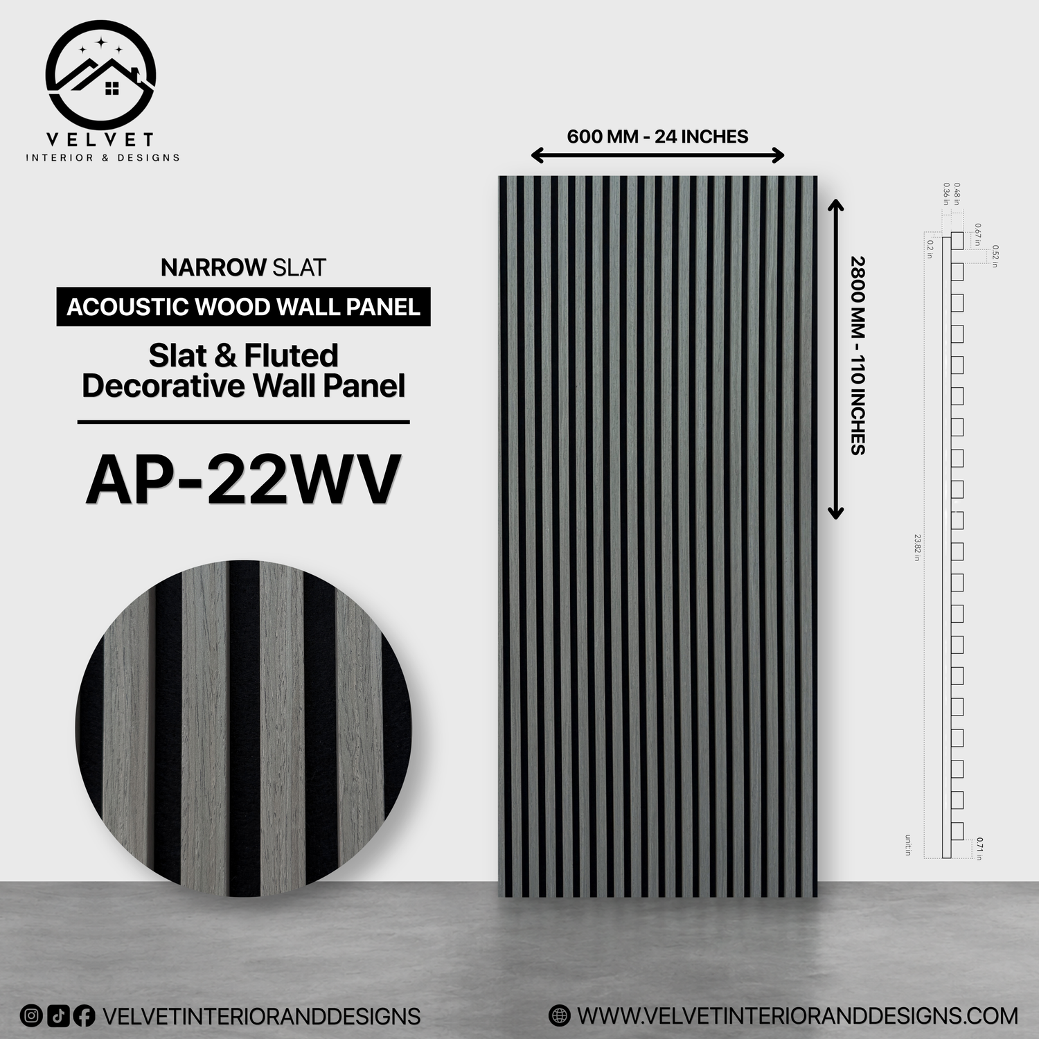 AP-22WV | Acoustic Wood Wall Panel | Slat & Fluted Decorative Wall Panel | 0.85 in x 24 in x 110 in | Sound-Absorbing | Ideal for Living Rooms, Bedrooms, TV Walls & Feature Walls