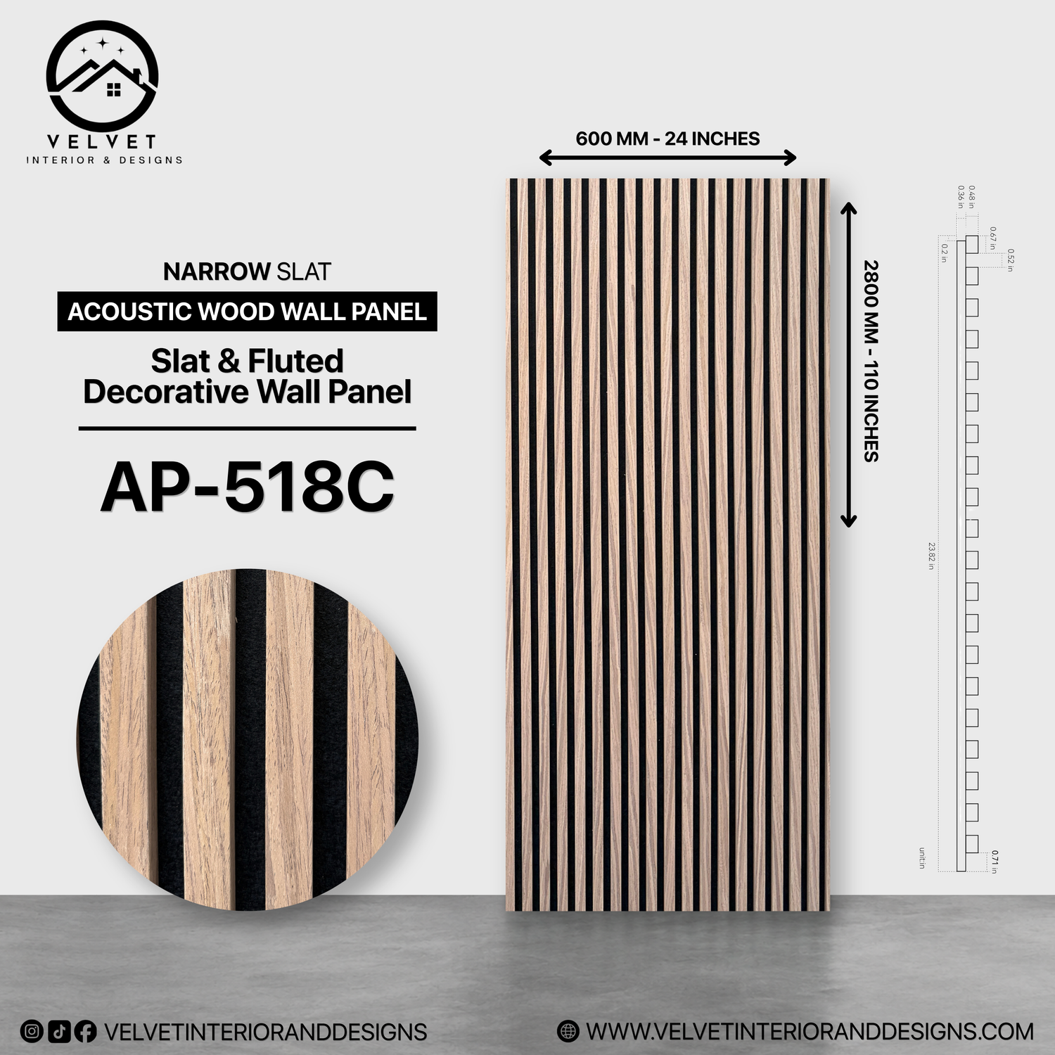 AP-518C | Acoustic Wood Wall Panel | Slat & Fluted Decorative Wall Panel | 0.85 in x 24 in x 110 in | Sound-Absorbing | Ideal for Living Rooms, Bedrooms, TV Walls & Feature Walls