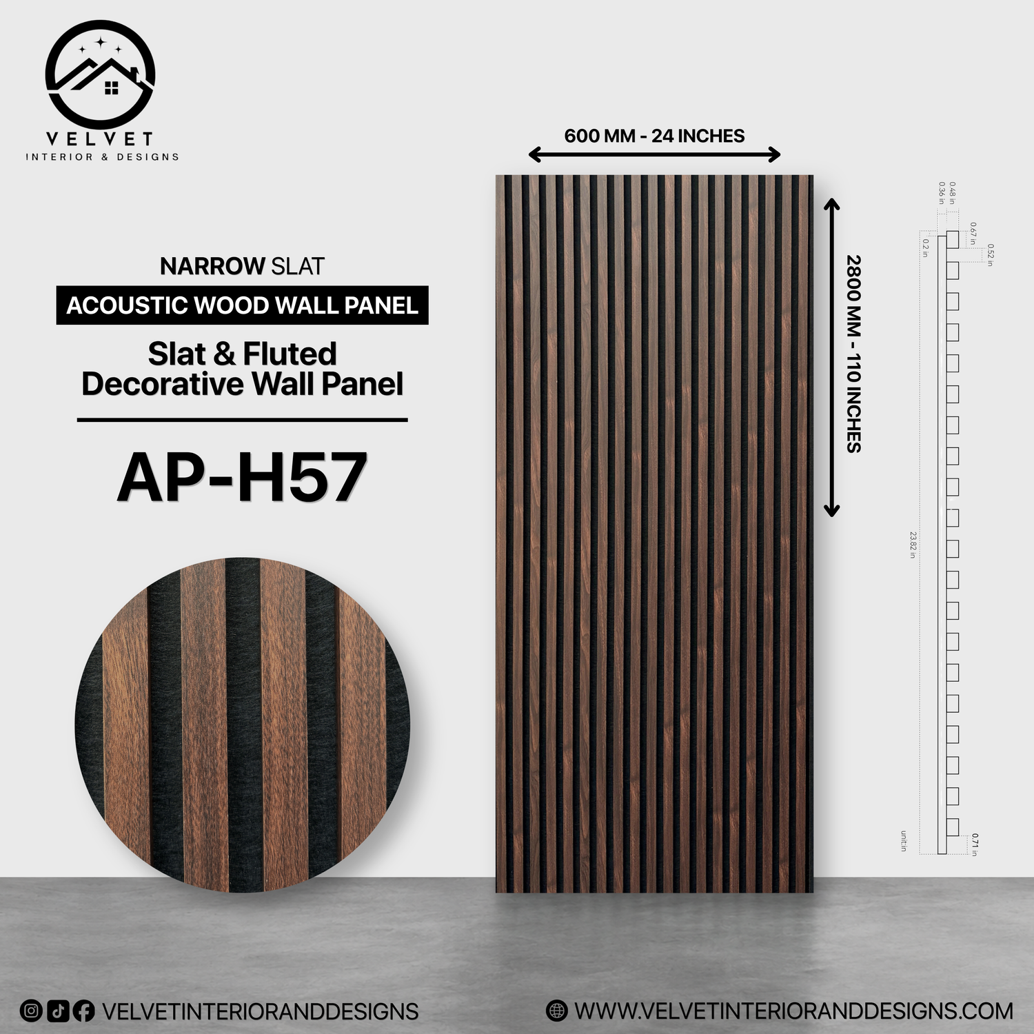 AP-H57 | Acoustic Wood Wall Panel | Slat & Fluted Decorative Wall Panel | 0.85 in x 24 in x 110 in | Sound-Absorbing | Ideal for Living Rooms, Bedrooms, TV Walls & Feature Walls