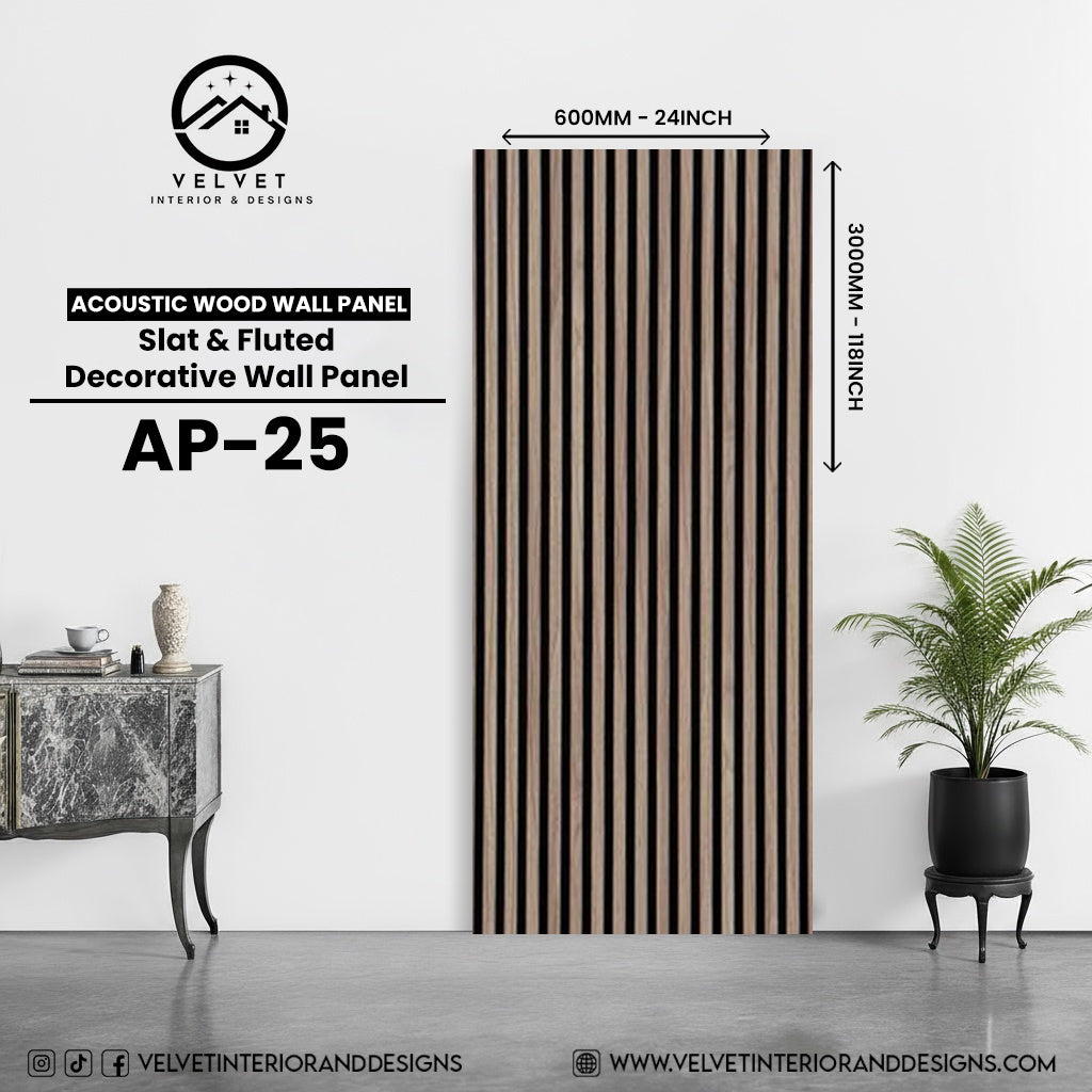 AP-25 | Acoustic Wood Wall Panel | Slat & Fluted Decorative Wall Panel | 0.85 in x 24 in x 110 in | Sound-Absorbing | Ideal for Living Rooms, Bedrooms, TV Walls & Feature Walls