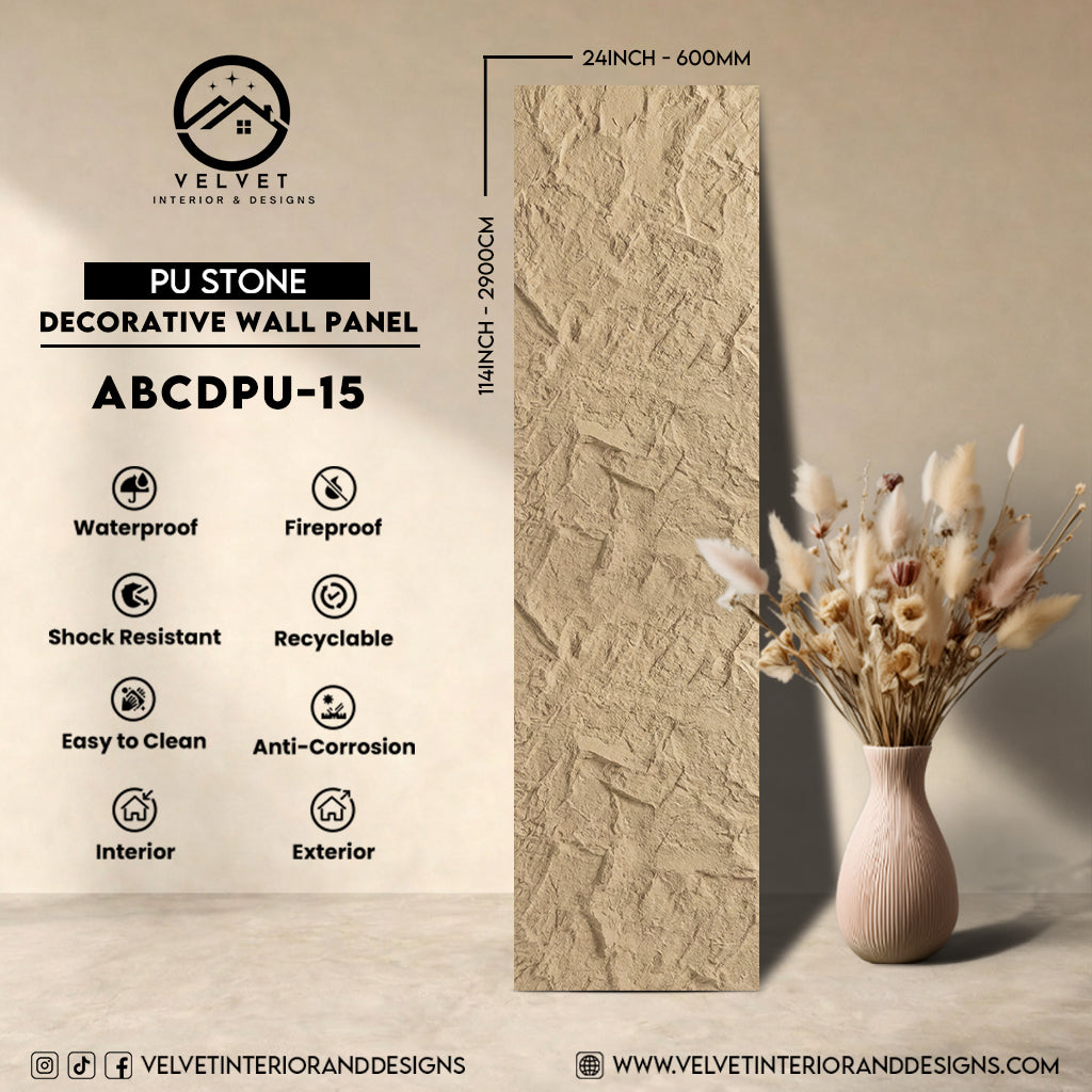 ABCDPU-15 | PU Stone | Decorative Wall Panel | 2 in x 24 in x 114 in |Stone Finish | Waterproof, Scratch-Resistant & Fireproof | Ideal for Living Rooms, Bathrooms & Feature Walls