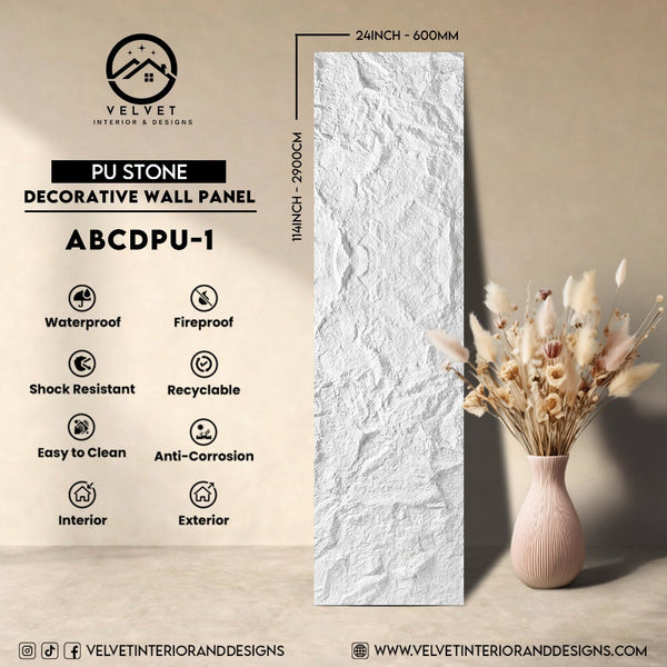 ABCDPU-1 | PU Stone | Decorative Wall Panel | 2 in x 24 in x 114 in |Stone Finish | Waterproof, Scratch-Resistant & Fireproof | Ideal for Living Rooms, Bathrooms & Feature Walls