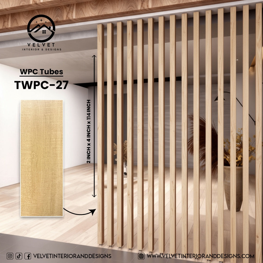 TWPC-27 | WPC Tubes | Slat & Fluted Decorative Wall Panel | 2 in x 4 in x 114 in | Water & Moisture-Resistant | Fire-Retardant | Ideal for Living Rooms, Bedrooms, Bathrooms, TV Walls & Feature Walls