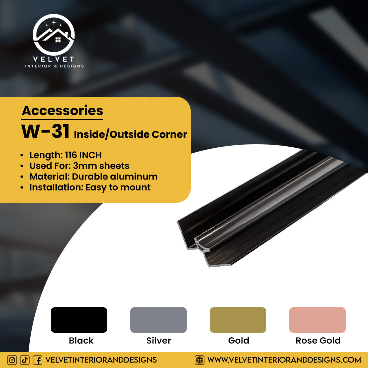 W-31 | Inside/Outside Corner for PVC UV Marble Sheet | Wall Panel Accessories & LED