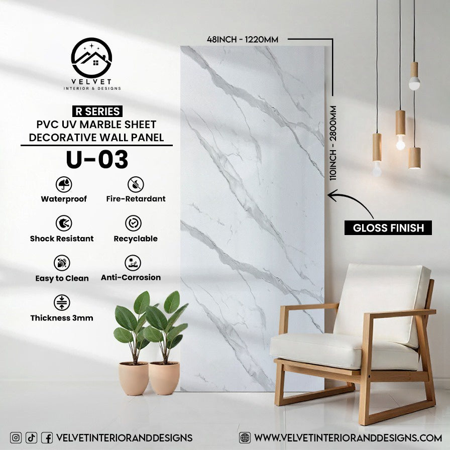 U-03 | R Series | PVC UV Marble Sheet | Decorative Wall Panel | 1/8 in x 48 in x 110 in | Gloss Finish | Waterproof & Fire-Retardant | Ideal for Living Rooms, Bathrooms & Feature Walls