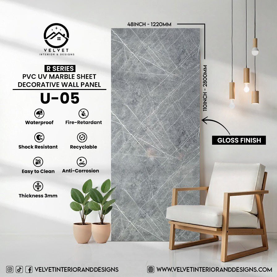 U-05 | R Series | PVC UV Marble Sheet | Decorative Wall Panel | 1/8 in x 48 in x 110 in | Gloss Finish | Waterproof & Fire-Retardant | Ideal for Living Rooms, Bathrooms & Feature Walls