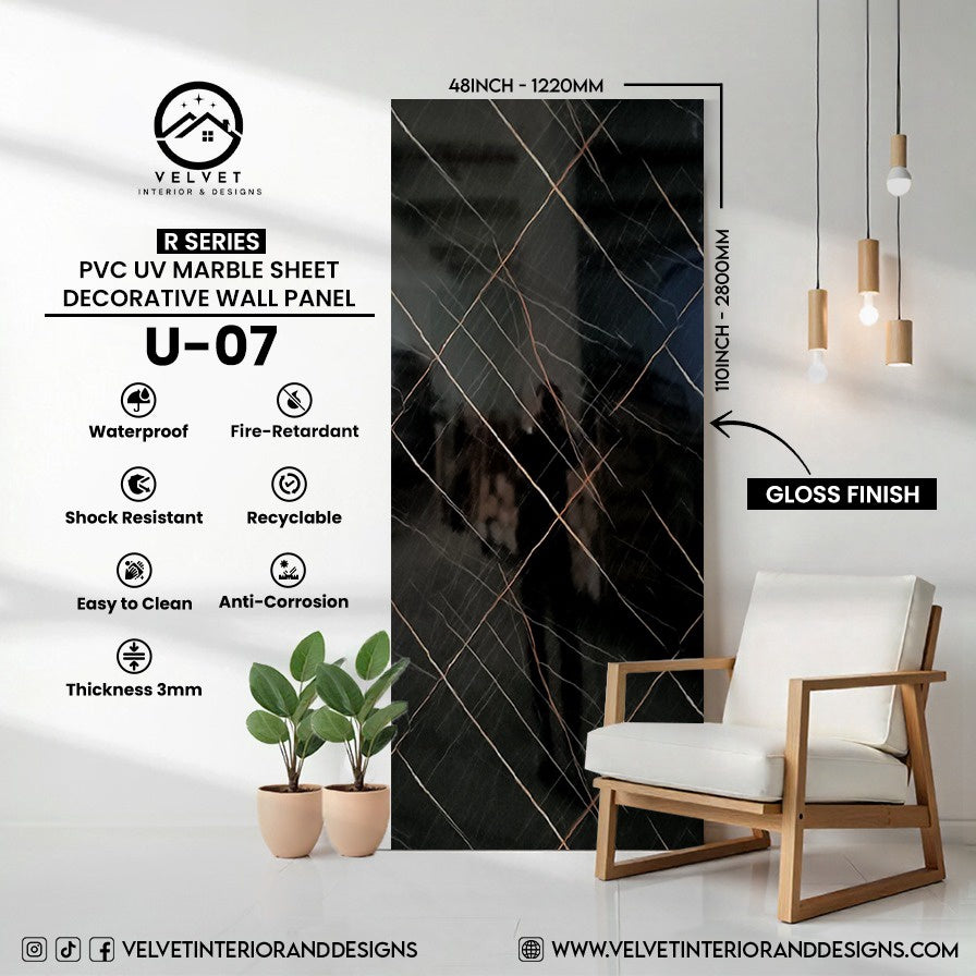 U-07 | R Series | PVC UV Marble Sheet | Decorative Wall Panel | 1/8 in x 48 in x 110 in | Gloss Finish | Waterproof & Fire-Retardant | Ideal for Living Rooms, Bathrooms & Feature Walls