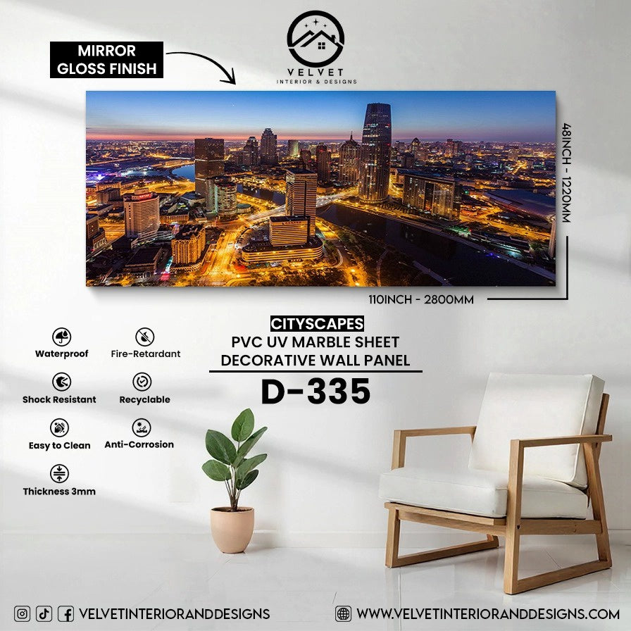 D-335 | Cityscapes | PVC UV Marble Sheet | Decorative Wall Panel | 1/8 in x 48 in x 110 in | Mirror Gloss Finish | Waterproof & Fire-Retardant | Ideal for Living Rooms, Bathrooms & Feature Walls