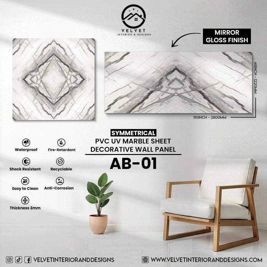 AB-01 | Symmetrical | PVC UV Marble Sheet | Decorative Wall Panel | 1/8 in x 48 in x 110 in | Mirror Gloss Finish | Waterproof & Fire-Retardant | Ideal for Living Rooms, Bathrooms & Feature Walls