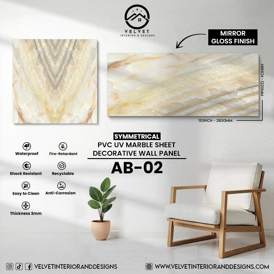 AB-02 | Symmetrical | PVC UV Marble Sheet | Decorative Wall Panel | 1/8 in x 48 in x 110 in | Mirror Gloss Finish | Waterproof & Fire-Retardant | Ideal for Living Rooms, Bathrooms & Feature Walls