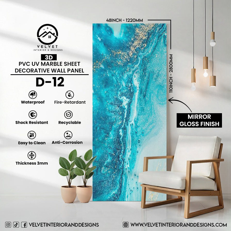 D-12 | 3D | PVC UV Marble Sheet | Decorative Wall Panel | 1/8 in x 48 in x 110 in | Mirror Gloss Finish | Waterproof & Fire-Retardant | Ideal for Living Rooms, Bathrooms & Feature Walls