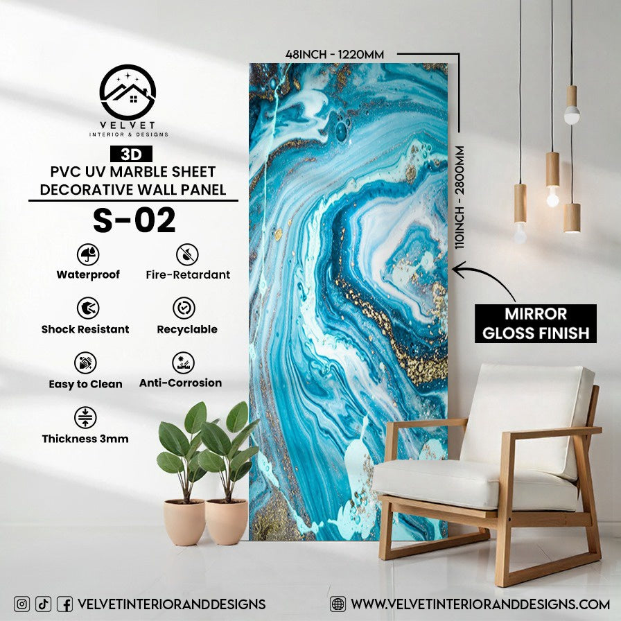S-02 | 3D | PVC UV Marble Sheet | Decorative Wall Panel | 1/8 in x 48 in x 110 in | Mirror Gloss Finish | Waterproof & Fire-Retardant | Ideal for Living Rooms, Bathrooms & Feature Walls