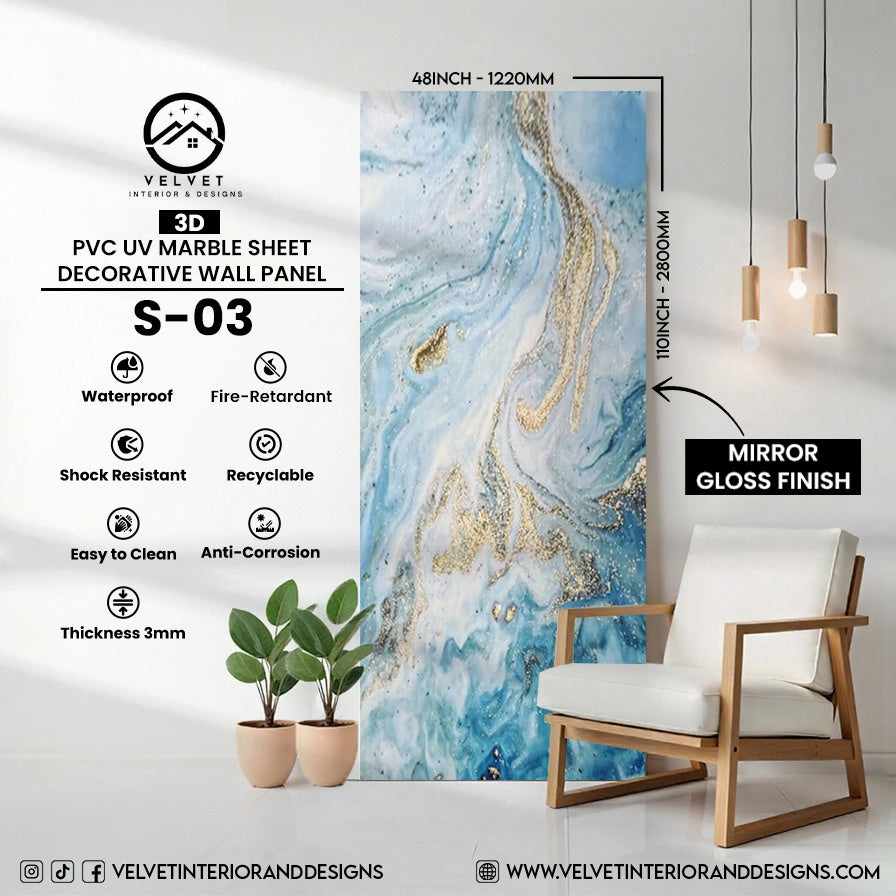 S-03 | 3D | PVC UV Marble Sheet | Decorative Wall Panel | 1/8 in x 48 in x 110 in | Mirror Gloss Finish | Waterproof & Fire-Retardant | Ideal for Living Rooms, Bathrooms & Feature Walls