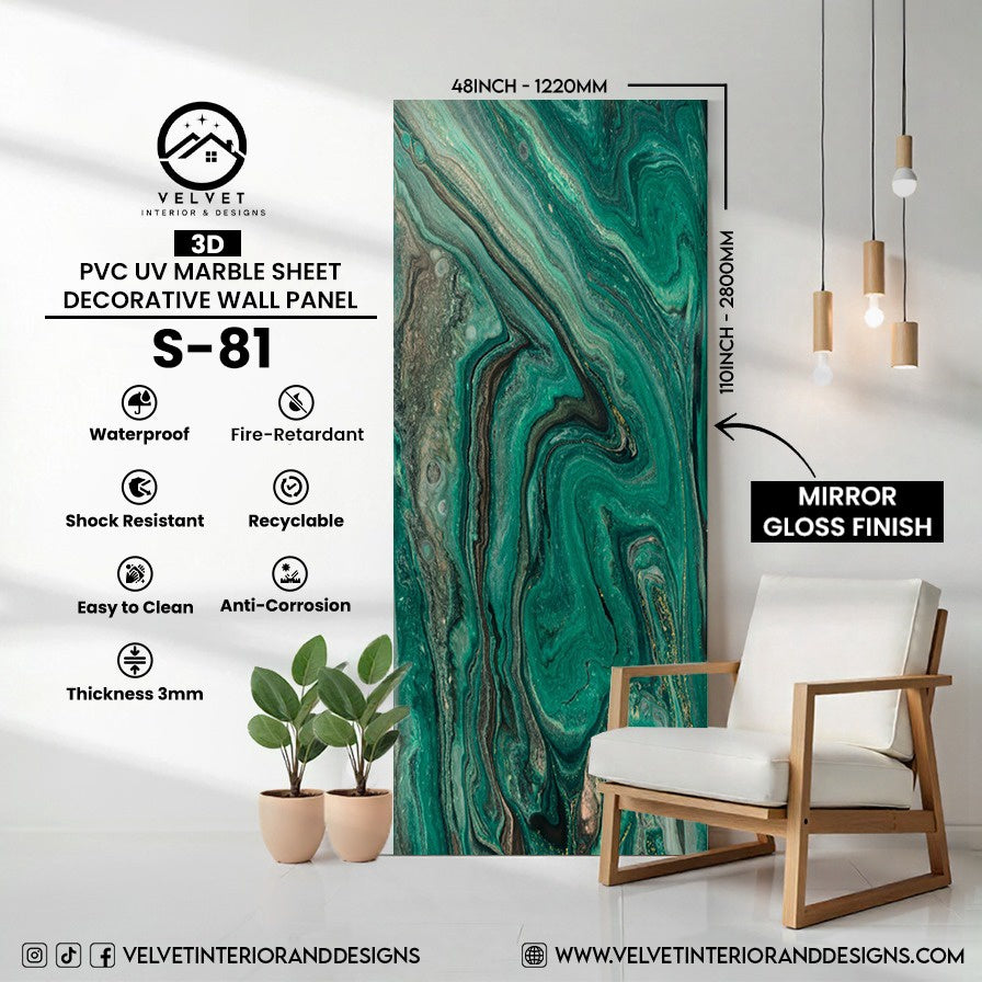 S-81 | 3D | PVC UV Marble Sheet | Decorative Wall Panel | 1/8 in x 48 in x 110 in | Mirror Gloss Finish | Waterproof & Fire-Retardant | Ideal for Living Rooms, Bathrooms & Feature Walls