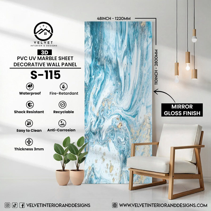 S-115 | 3D | PVC UV Marble Sheet | Decorative Wall Panel | 1/8 in x 48 in x 110 in | Mirror Gloss Finish | Waterproof & Fire-Retardant | Ideal for Living Rooms, Bathrooms & Feature Walls