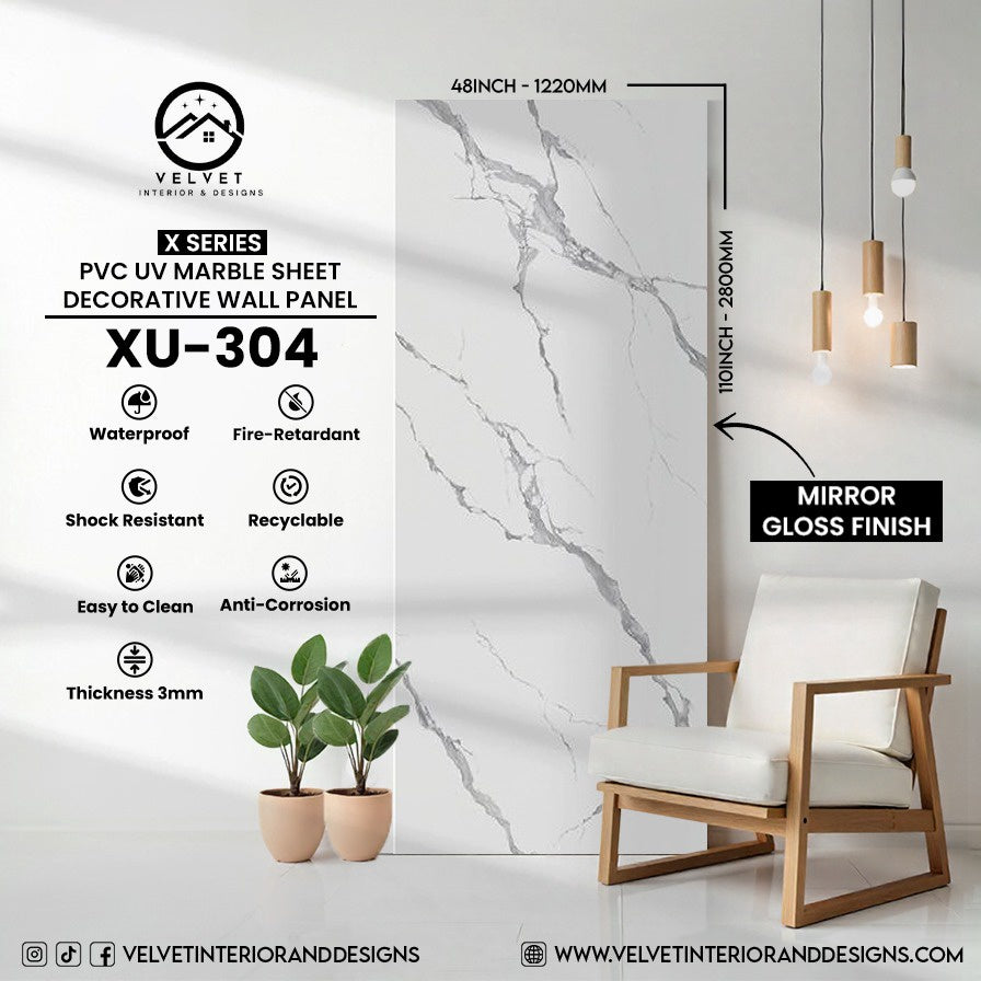 XU-304 | X Series | PVC UV Marble Sheet | Decorative Wall Panel | 1/8 in x 48 in x 110 in | Mirror Gloss Finish | Waterproof & Fire-Retardant | Ideal for Living Rooms, Bathrooms & Feature Wallss