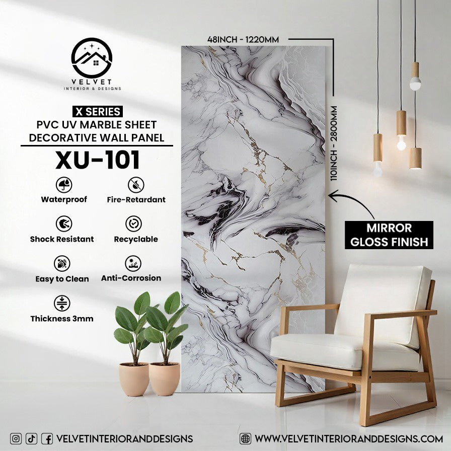 XU-101 | X Series | PVC UV Marble Sheet | Decorative Wall Panel | 1/8 in x 48 in x 110 in | Mirror Gloss Finish | Waterproof & Fire-Retardant | Ideal for Living Rooms, Bathrooms & Feature Walls