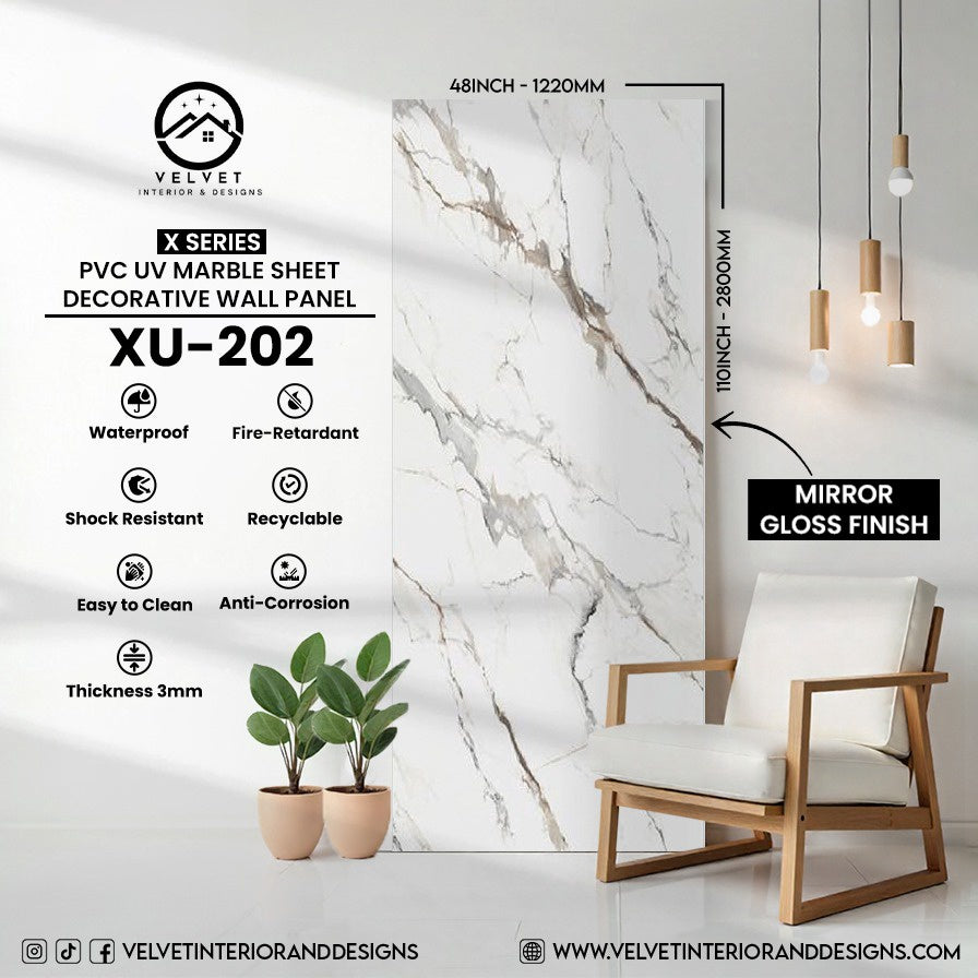 XU-202 | X Series | PVC UV Marble Sheet | Decorative Wall Panel | 1/8 in x 48 in x 110 in | Mirror Gloss Finish | Waterproof & Fire-Retardant | Ideal for Living Rooms, Bathrooms & Feature Walls
