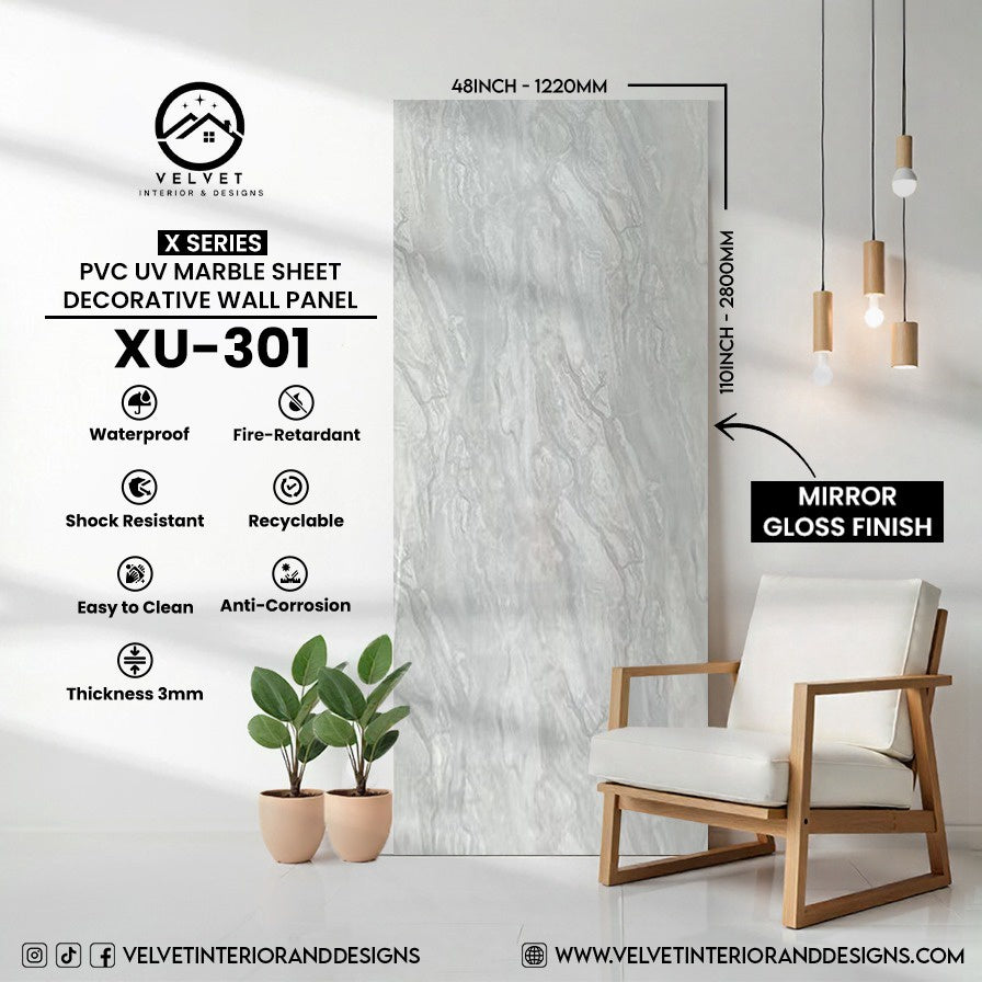 XU-301 | X Series | PVC UV Marble Sheet | Decorative Wall Panel | 1/8 in x 48 in x 110 in | Mirror Gloss Finish | Waterproof & Fire-Retardant | Ideal for Living Rooms, Bathrooms & Feature Walls