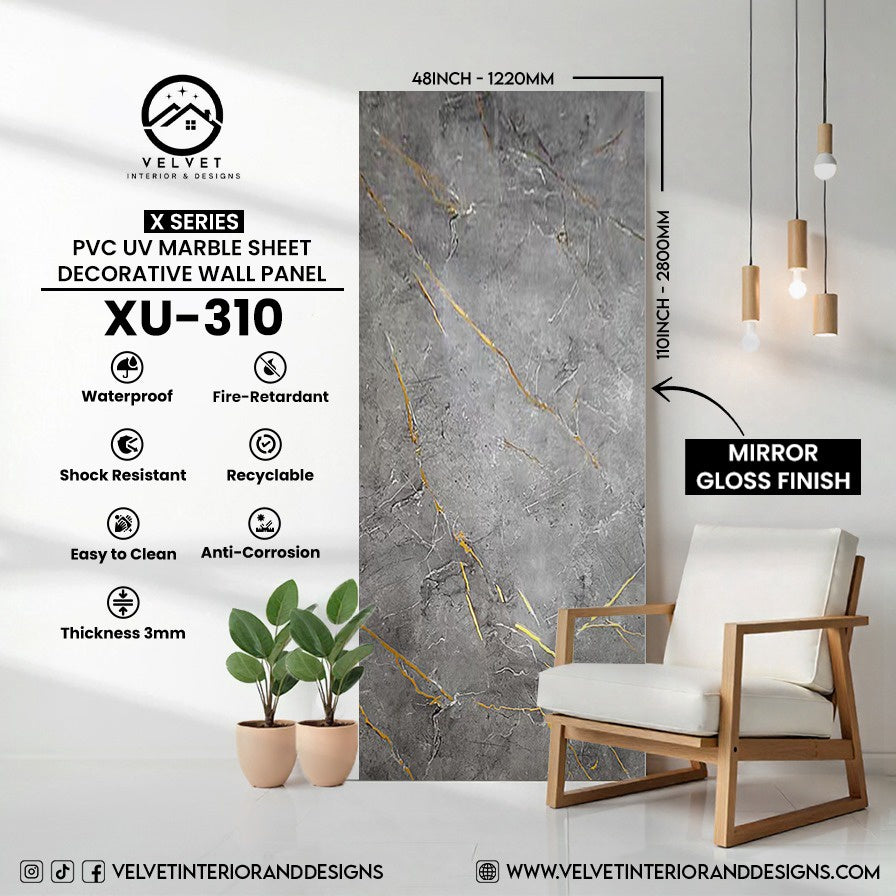 XU-310 | X Series | PVC UV Marble Sheet | Decorative Wall Panel | 1/8 in x 48 in x 110 in | Mirror Gloss Finish | Waterproof & Fire-Retardant | Ideal for Living Rooms, Bathrooms & Feature Walls