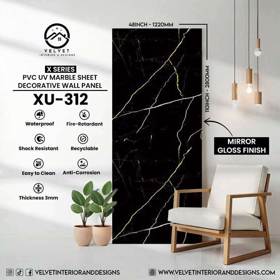 XU-312 | X Series | PVC UV Marble Sheet | Decorative Wall Panel | 1/8 in x 48 in x 110 in | Mirror Gloss Finish | Waterproof & Fire-Retardant | Ideal for Living Rooms, Bathrooms & Feature Walls
