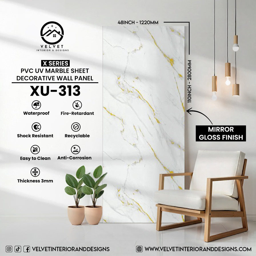 XU-313 | X Series | PVC UV Marble Sheet | Decorative Wall Panel | 1/8 in x 48 in x 110 in | Mirror Gloss Finish | Waterproof & Fire-Retardant | Ideal for Living Rooms, Bathrooms & Feature Walls