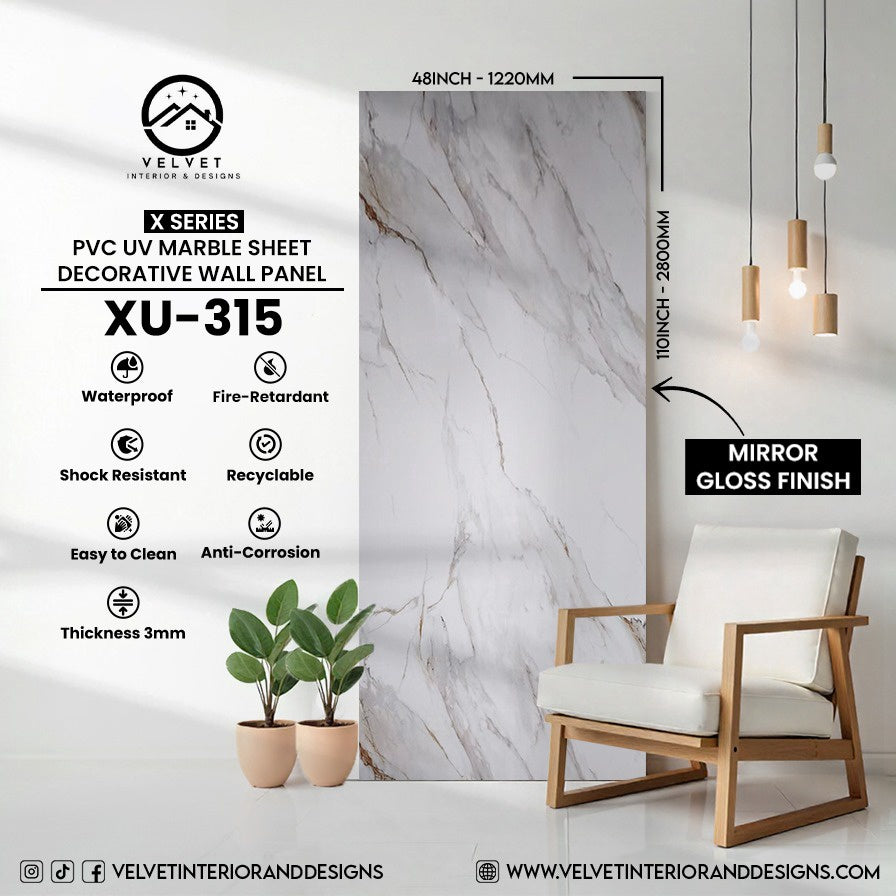 XU-315 | X Series | PVC UV Marble Sheet | Decorative Wall Panel | 1/8 in x 48 in x 110 in | Mirror Gloss Finish | Waterproof & Fire-Retardant | Ideal for Living Rooms, Bathrooms & Feature Walls