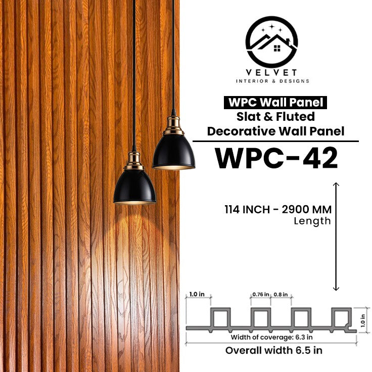 WPC-42 | WPC Wall Panel | Slat & Fluted Decorative Wall Panel | 1 in x 6.3 in x 114 in | Water & Moisture-Resistant | Fire-Retardant | Ideal for Living Rooms, Bedrooms, Bathrooms, TV & Feature Walls