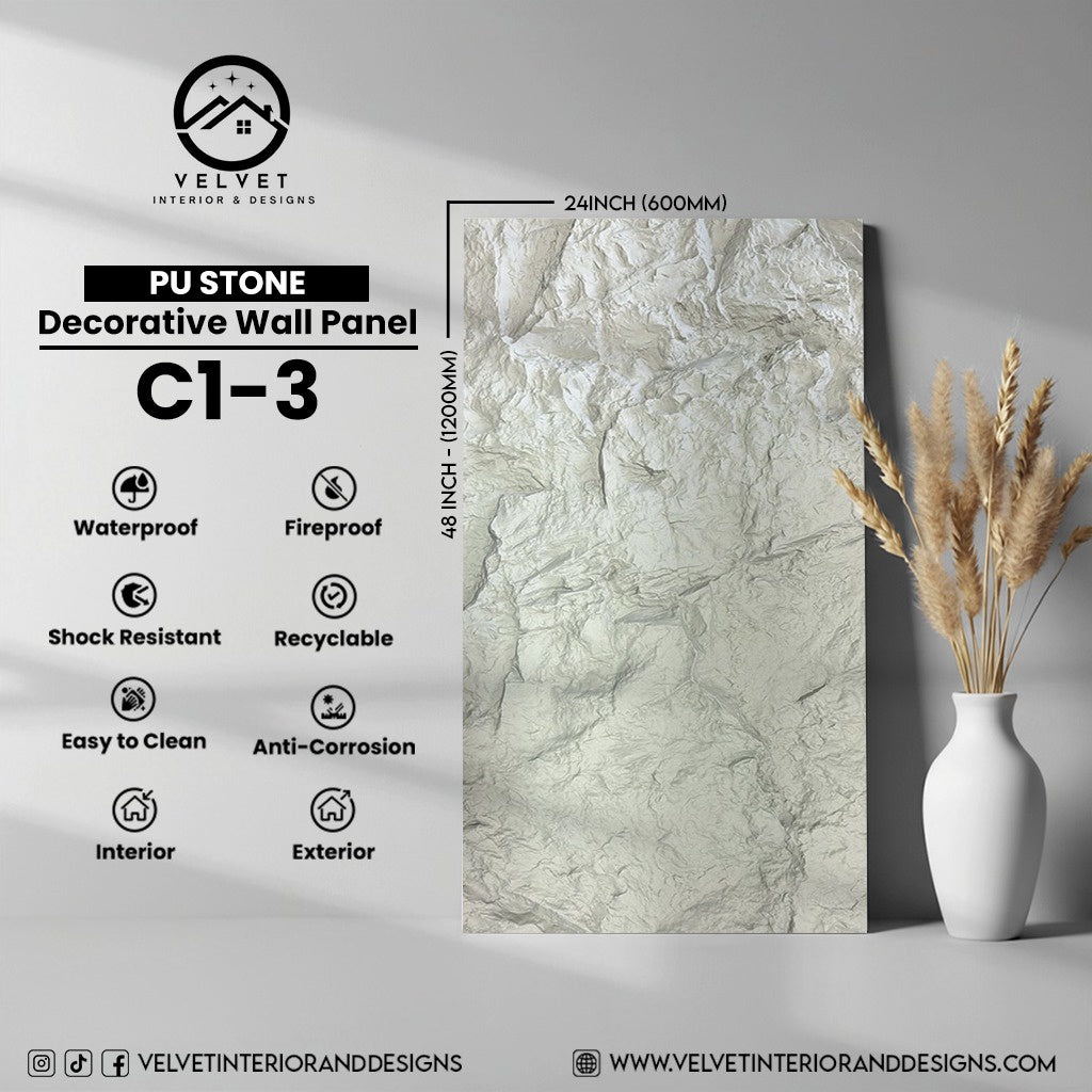 C1-3 | PU Stone | Stone | Decorative Wall Panel | 2 in x 24 in x 48 in |Stone Finish | Waterproof, Scratch-Resistant & Fireproof | Ideal for Living Rooms, Bathrooms & Feature Walls