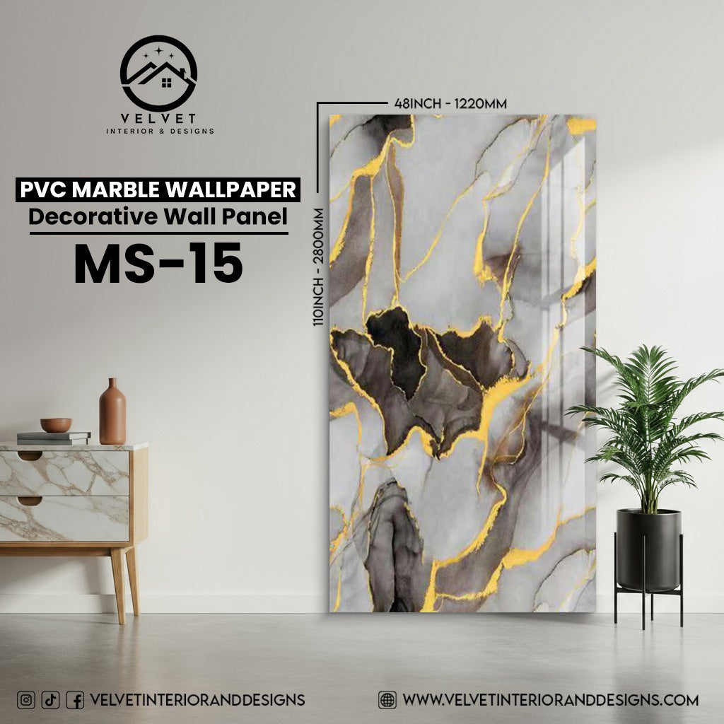 MS-15 | PVC Marble Wallpaper| Decorative Wall Panel | 1/8 in x 48 in x 110 in | Waterproof, Scratch-Resistant | Ideal for Living Rooms & Feature Walls