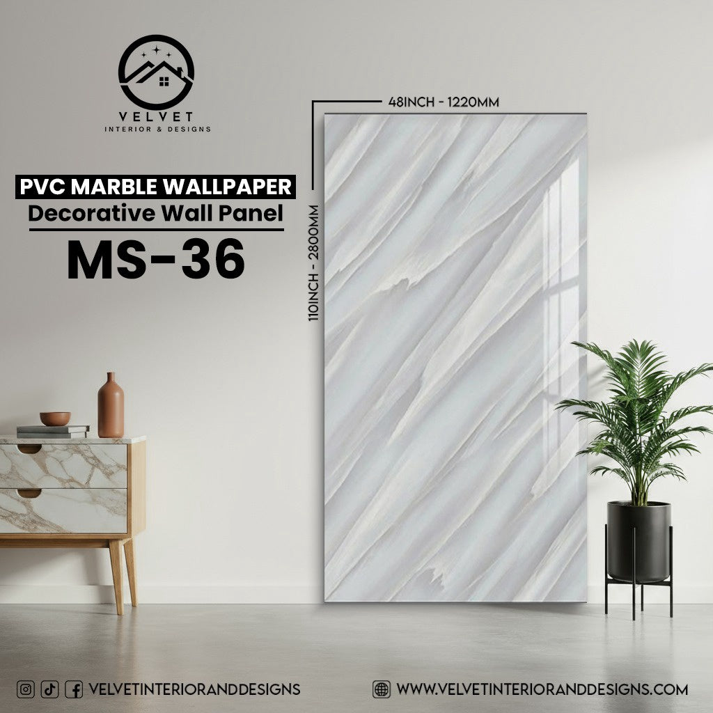 MS-36 | PVC Marble Wallpaper| Decorative Wall Panel | 1/8 in x 48 in x 110 in | Waterproof, Scratch-Resistant | Ideal for Living Rooms & Feature Walls