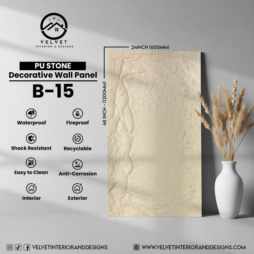B-15 | PU Stone | Stone | Decorative Wall Panel | 2 in x 24 in x 48 in |Stone Finish | Waterproof, Scratch-Resistant & Fireproof | Ideal for Living Rooms, Bathrooms & Feature Walls