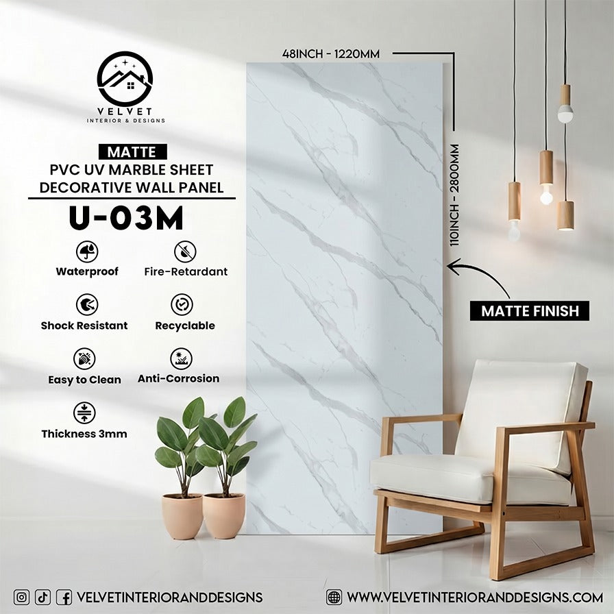 U-03M | X Series Matte | PVC UV Marble Sheet | Decorative Wall Panel | 1/8 in x 48 in x 110 in | Mirror Gloss Finish | Waterproof & Fire-Retardant | Ideal for Rooms, Bathrooms & Feature Walls