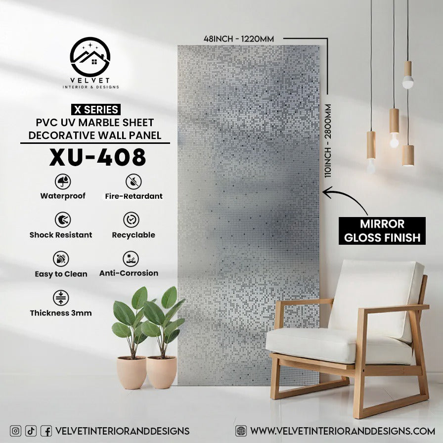XU-408 | X Series | PVC UV Marble Sheet | Decorative Wall Panel | 1/8 in x 48 in x 110 in | Mirror Gloss Finish | Waterproof & Fire-Retardant | Ideal for Living Rooms, Bathrooms & Feature Walls