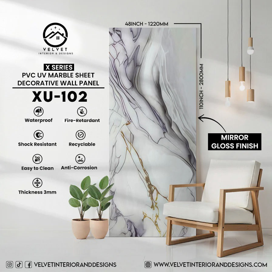 XU-102 | X Series | PVC UV Marble Sheet | Decorative Wall Panel | 1/8 in x 48 in x 110 in | Mirror Gloss Finish | Waterproof & Fire-Retardant | Ideal for Living Rooms, Bathrooms & Feature Walls