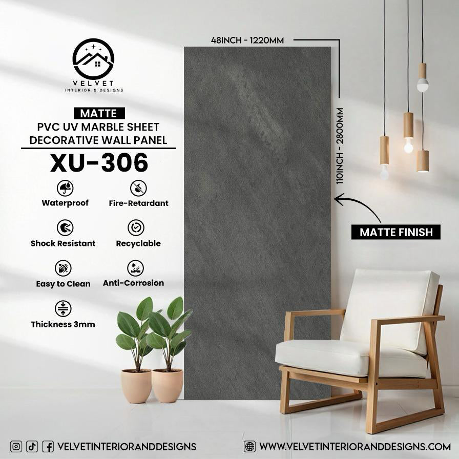 XU-306 | Matte | PVC UV Marble Sheet | Decorative Wall Panel | 1/8 in x 48 in x 110 in | Matte Finish | Waterproof & Fire-Retardant | Ideal for Living Rooms, Bathrooms & Feature Walls