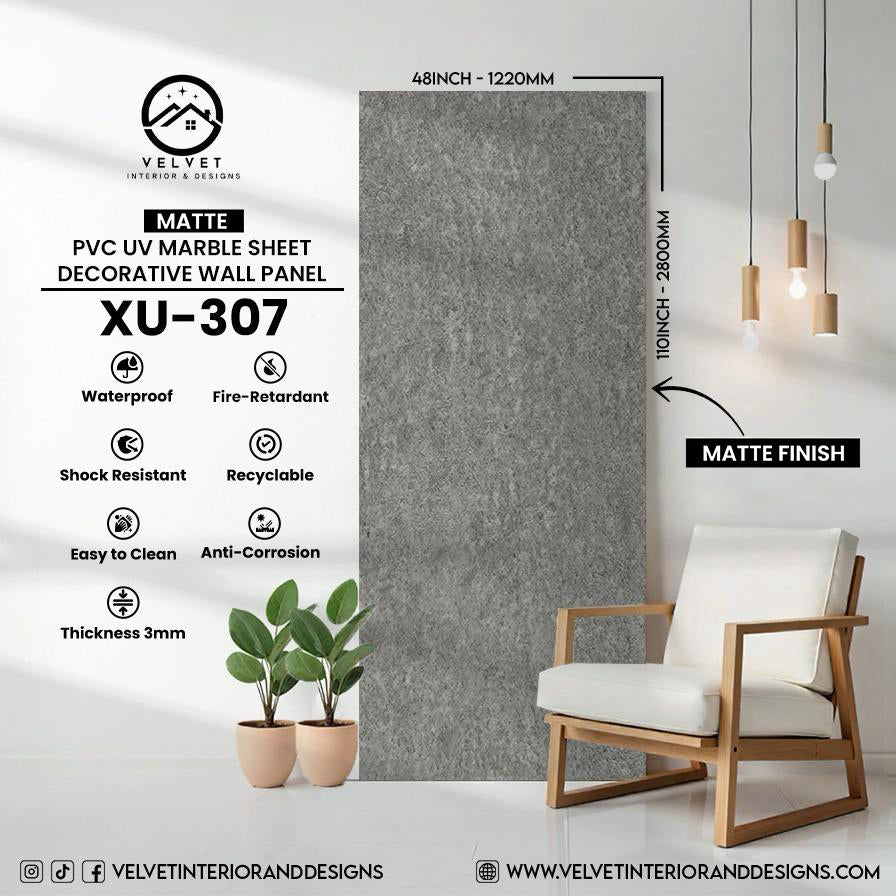 XU-307 | Matte | PVC UV Marble Sheet | Decorative Wall Panel | 1/8 in x 48 in x 110 in | Matte Finish | Waterproof & Fire-Retardant | Ideal for Living Rooms, Bathrooms & Feature Walls